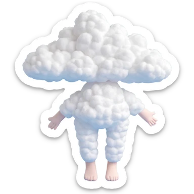 flying person with body and limbs made of small white fluffy clouds, convex texture, minimalist, no background sticker