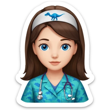 pretty brunette nurse with long hair and blue eyes in dinosaur pattern scrubs sticker