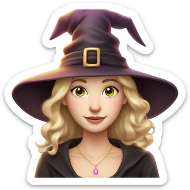 Witchy darkblonde haired hazel eyed light freckles white girl with a witty smile a gold necklace and a pink witch hat sticker