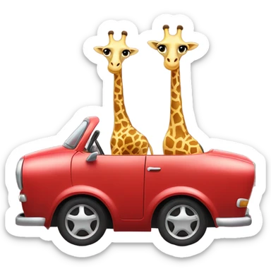two cute giraffes driving in a red car sticker