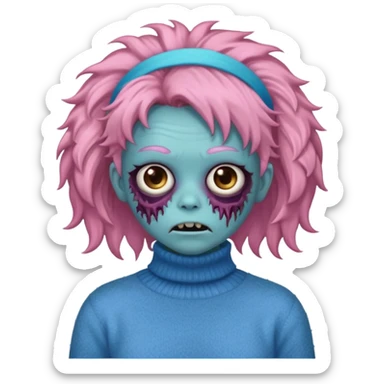 brown fluffy haired blue zombie with pink turtleneck sweater and hair band sticker