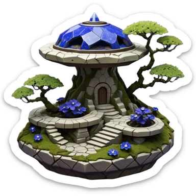  Alien saucer-castle jungle winding trail mountainside getaway haunted nighttime hobbit landscape antique mudman very old broken cracked intricately detailed Stone Age lapis-crusted irregular dodecagon-shaped shallow dark moss rough bark violet flowered maple bonsai Saikei coffee table-sized pot  sticker