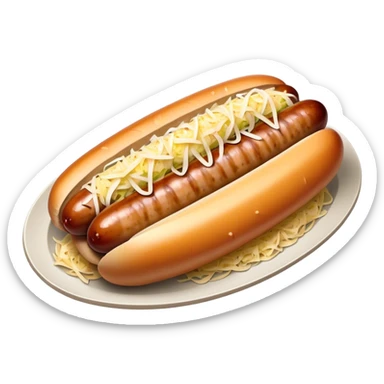 Bratwurst Cinematic Realistic Bratwurst Dish Emoji, depicted as a grilled bratwurst topped with a generous serving of shredded sauerkraut, rendered with rich textures and dynamic, appetizing lighting. sticker