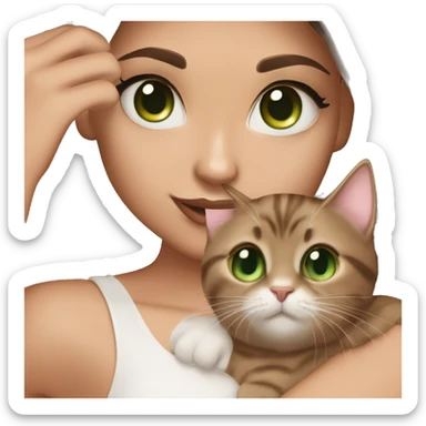 A girl with green eyes and dark brown straight hair, and makeup nude lipstick  and eyelashes, slightly tanned, oval light pink fingernails ,white top, holding a dark brown tabby cat with green eyes  sticker