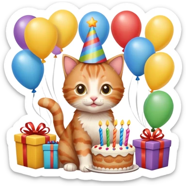 Ginger tabby kitten celebrates birthday, birthday hat, birthday cake, balloons, happy, gifts sticker