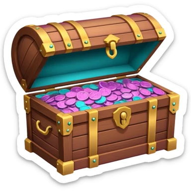 wooden brown treasure chest filled with  coins 
Change coins color in in gradient of turquoise, blue, pink, purple, and coral sticker