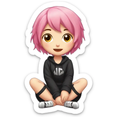 Full body Front view curvy emo girl pink hair sits on the floor straight view hands up black skirt белые трусики полосатые рваные чулки sticker