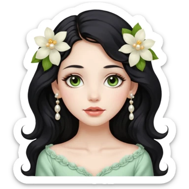 A soft and elegant girl with long wavy black hair, hazel-green almond eyes, full lips, and porcelain skin. She wears light makeup, pearl earrings, and sometimes a flower in her hair. Her style is feminine, dreamy, and cozy. sticker