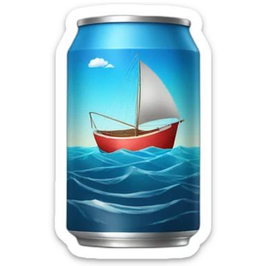 realistic can of tuna fish sowing the shape of a sailling boat on a sea background sticker