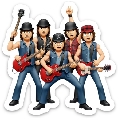 Cinematic Realistic AC/DC Band Emoji, depicted as a high-energy rock ensemble with electrifying stage presence and gritty textures, rendered with bold vibrant lighting that captures the raw power and rebellious spirit of their music. sticker