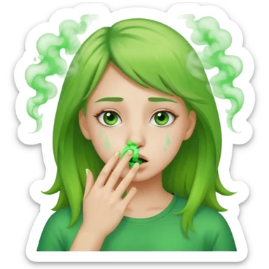 create a girl who is pinching her nose because she is smelling something bad with green fumes around her sticker
