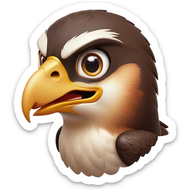 Cinematic Comical Falcon Portrait Emoji, Head tilted dramatically with an exaggeratedly shocked expression, featuring a sharply defined beak and wide, comically expressive eyes full of playful disbelief, Simplified yet hilariously expressive features, highly detailed, glowing with a slightly sassy glow, high shine, dramatic yet playful, stylized with an air of cheeky aerial mischief, soft glowing outline, capturing the essence of a meme-worthy falcon that looks ready to side-eye its way into viral fame! sticker