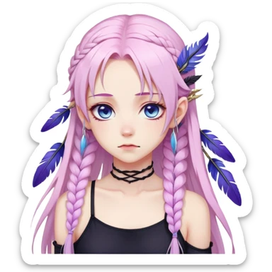 Gorgeous beautiful pretty grumpy anime lady long-pale-whitish-pastel-pink-hair with one braid on each side, hanging purple tiny feather-ear-cuffs with pink tips in hair, black bodysuit, blue eyes, pink iris, ethereal, fashion aesthetic  sticker
