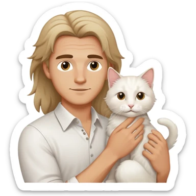 A young handsome Caucasian man in a white shirt holds a long-haired white cat sticker