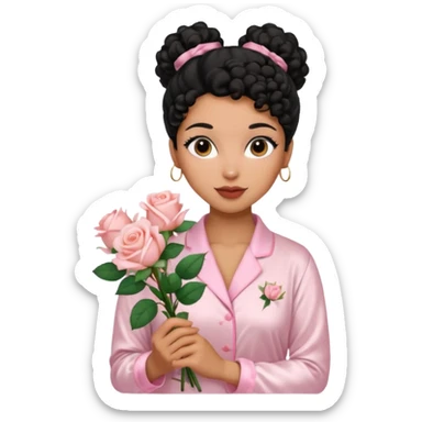 Mixed-race woman with caramel skin, black curly hair in a sleek bun, wearing white silk pajamas, holding a bouquet of blush pink roses sticker