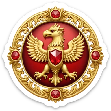 Golden griffin crest / brosch in a circle with red gems and no background sticker
