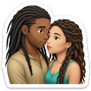 Latina Woman with long hair kissing a young black guy with dreads chin hair sticker