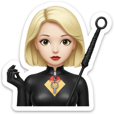 Dominatrix with blonde hair, latex outfit, old fashioned key necklace, and a whip sticker
