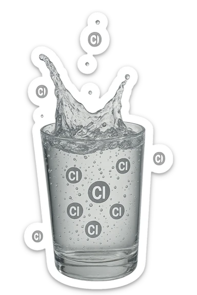 un bicchiere di acqua cade verticalmente dall'alto realistico e dettagliato, dentro l'acqua del bicchiere ci sono particelle di cloro ben visibili con la scritta "Cl" sopra, ci sono particelle anche che escono dal bicchiere e fluttuano in aria verticalmente, mentre alcune sono all'interno dell'acqua nel bicchiere, iperrealistico 4k sticker