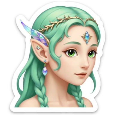 portrait of Elvish fae shiny sparkly iridescent translucent diaphanous ear climber ear cuff sticker