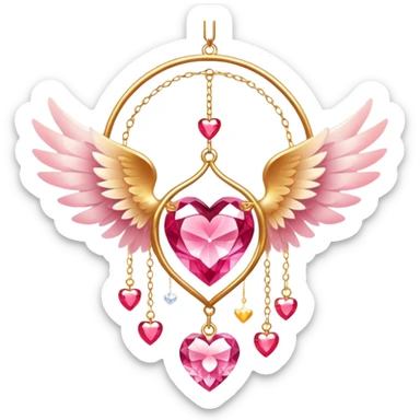 Reddish-pinkish and golden warm-colored romantic lush beautiful pretty hanging crystal-catcher aesthetic with hearts and sparkles and and white angel wings sticker