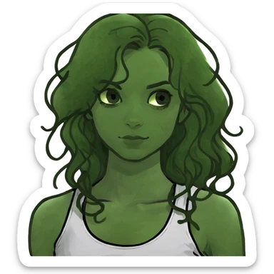 A brunette girl with long curly hair wearing a tank top sticker