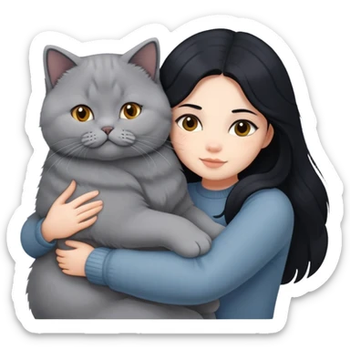 A girl with long black  hair tightly hugged a british shorthair sticker