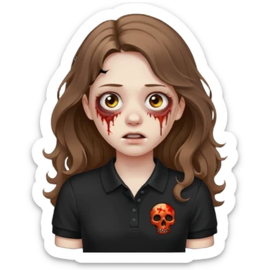 crie uma garota com ferimentos zoombie cabelo ondulado 2c longo castanho e blusa polo básica preta sticker