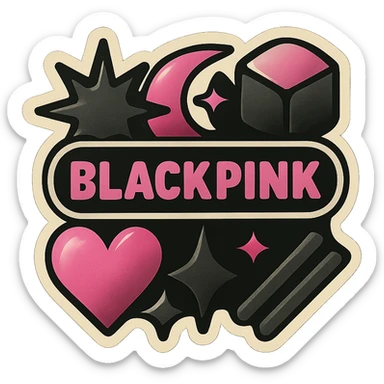 retro sticker style album cover with black and pink geometric shapes, bold outlines, and a fun, energetic K-pop feel, inspired by BLACKPINK sticker