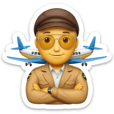 A 3D Apple-style yellow emoji character, classic round shape, wearing pilot-style sunglasses, arms crossed, small smile, a miniature airplane icon floating above its head, symbolizing “airplane mode,” clean cartoonish style, simple background. sticker