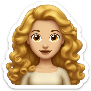 una princesa de tes blanca cabello largo color cobrizo con ondulaciones en las puntas del cabello ojos grandes color castaño con corona y vestido amarillo sticker