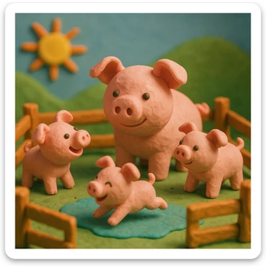 claymation style pig family in a wooden pen, piglets playing, colorful and cheerful sticker