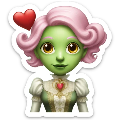 a green alien woman in Victorian white gold, pink hair,holdig, red big hearth, full body sticker