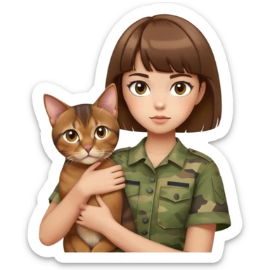 a girl with short brown hair and bangs holding an Abyssinian cat, wearing camouflage short sleeves , White skin, powder blusher sticker