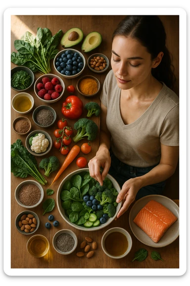 A realistic, cinematic flat-lay image of a clean wooden kitchen table filled with fresh, colorful whole foods known to help reduce androgen excess naturally. The table includes leafy greens like spinach and kale, avocados, berries, colorful vegetables, nuts, seeds (chia and flaxseeds), wild-caught salmon, and herbal teas, carefully arranged in an aesthetically pleasing, organized manner. A small glass bowl with olive oil and another with turmeric powder are included, emphasizing anti-inflammatory properties. In the scene, a young woman with clear, healthy skin and a calm expression is preparing a bowl with these ingredients, symbolizing a hormone-balancing diet. Warm, natural daylight streams in, creating a cozy and inviting atmosphere. The style is hyper-realistic 35mm photography, with vibrant yet soft colors, showcasing textures of the fresh produce and the peaceful vibe of using nutrition to support hormonal balance sticker