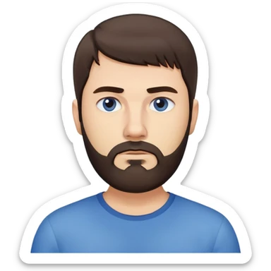 Caucasian man with straight dark brown hair styled loose with fringe, short full beard, neutral serious expression, simple blue shirt sticker