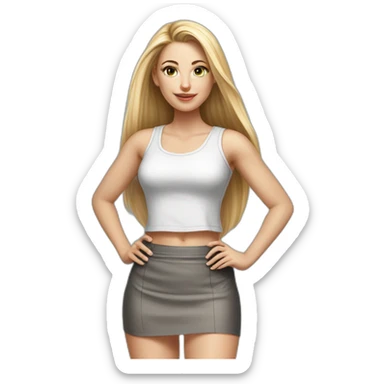 caucasian woman, with long straight hair, blonde hair, brown eyes, white tank top, gray tight mini skirt, black shoes, full body, hyperrealist drawing sticker