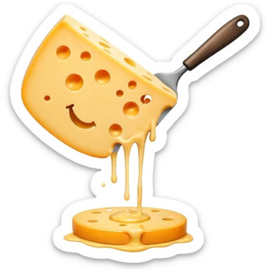 a half vertical  wheel of cheese being scraped with a metal spatula, melted cheese flowing, warm golden colors, modern emoji style, clean outlines, transparent background sticker