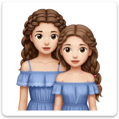 Two girls. The first one is very tall, has mid length brown very wavy hair, full lips, hazel eyes, wearing a cute off shoulder summer dress, she is also thin. The other one, quite shorter, long brown straight hair in one braid, hazel eyes. She is athletic a little bit.  sticker