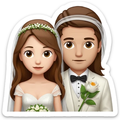 A woman with long brown hair and fair skin, wearing her hair half-up, dressed in a wedding gown with a veil. And a man with short brown hair and fair skin (without a mustache), wearing a white suit with a flower.
 sticker