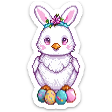 a white hen with pink bunny ears and colourful eggs, pixel art style sticker