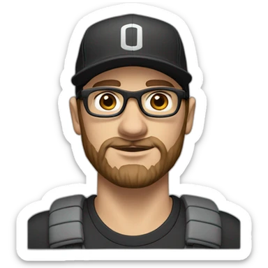 White man with brown hair and a brown beard, has thick eyebrows is wearing black sight glasses. Big nose. Half closed brown eyes. Wearing a Nike cap sticker