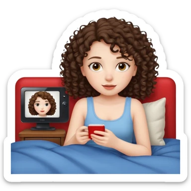 A girl, brunette with curly hair down to her shoulders, watching TV. Have her lie down on the bed, and put on Netflix on the TV. sticker
