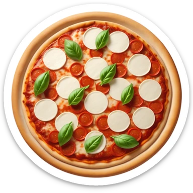 Cinematic Realistic Pizza Napoletana Dish Emoji, depicted as a classic thin‚Äêcrust pizza topped with vibrant tomato sauce, fresh mozzarella, and basil rendered with mouth‚Äêwatering textures and warm natural lighting. sticker