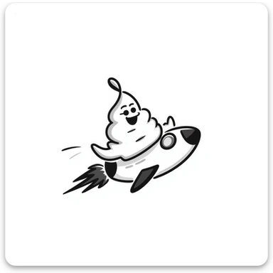 hand-drawn doodle of a turd with lipstick riding a rocket sticker