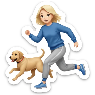 A beautiful girl with fair skin wearing a sweatshirt and sweatpants happily chasing a Labrador sticker