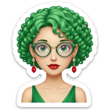 gem lover woman with gem accessories excessive amount gem glassess very big gem earrings green curly hair and red diamonds sticker