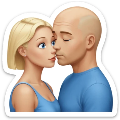 middle aged bald man with salt and blonde scruff, blue eyes and short haired blonde woman with blue eyes kissing each other sticker