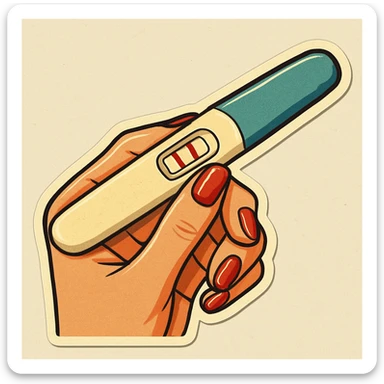 Positive pregnancy test with two lines, held in a neat feminine hand with manicure, pen style as in the second previous variant, retro stickers style, test slightly longer, soft rounded shapes, expressive contours, vintage color palette, light paper texture, shadows and highlights, transparent background. sticker