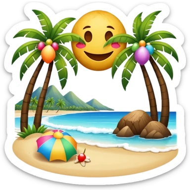 summer frame with beach, coconut trees, and bright decorations, emoji style sticker